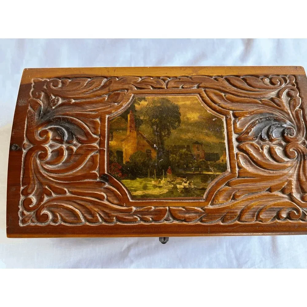 Vintage Carved Wooden Trinket/Jewlery Box with Mirror, Scroll Work